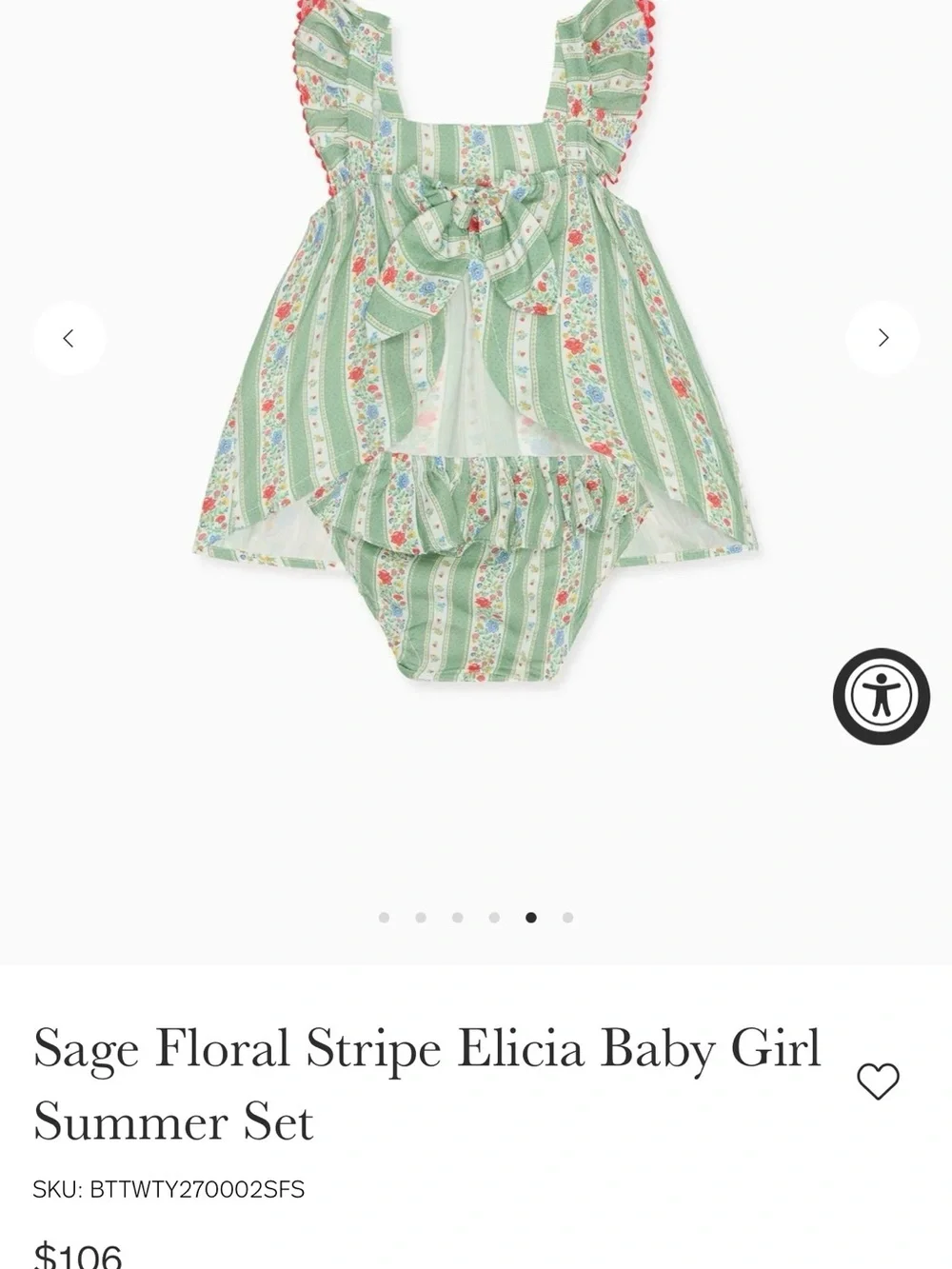 La Coqueta Sage Floral Stripe Elicia Baby Girl Summer Set 18M Green Red White